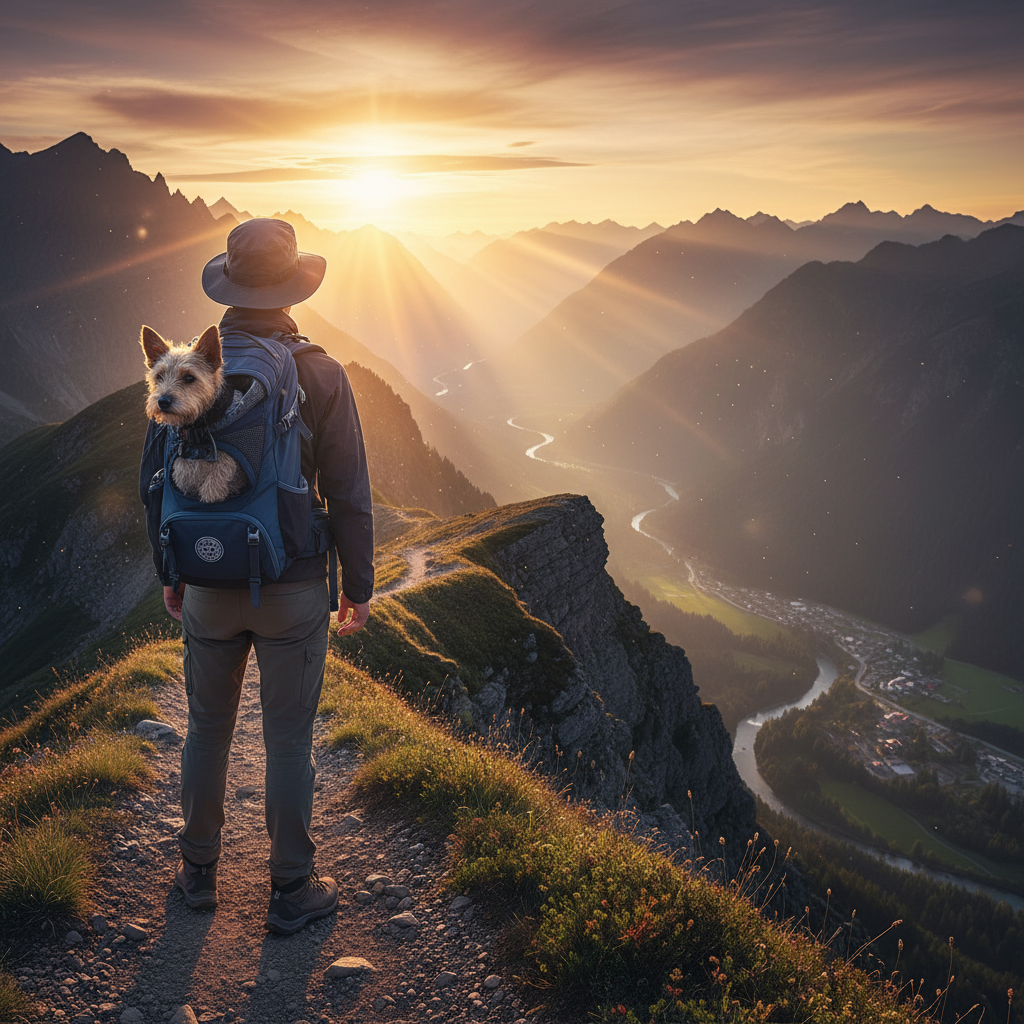 A wide-angle scenic shot of a hiker from behind, wearing a sturdy navy blue dog backpack with a small Terrier inside. They are standing on a mountain trail overlooking a breathtaking valley at sunset. The lighting is golden and cinematic.